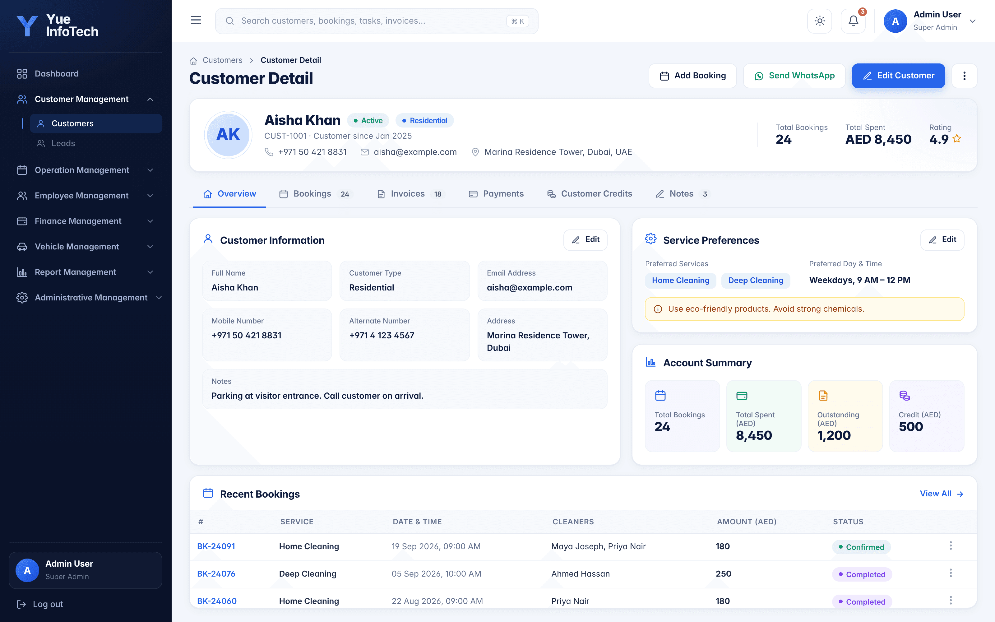 Yue Cleaning CRM customer detail showing profile, service preferences, account summary and booking history