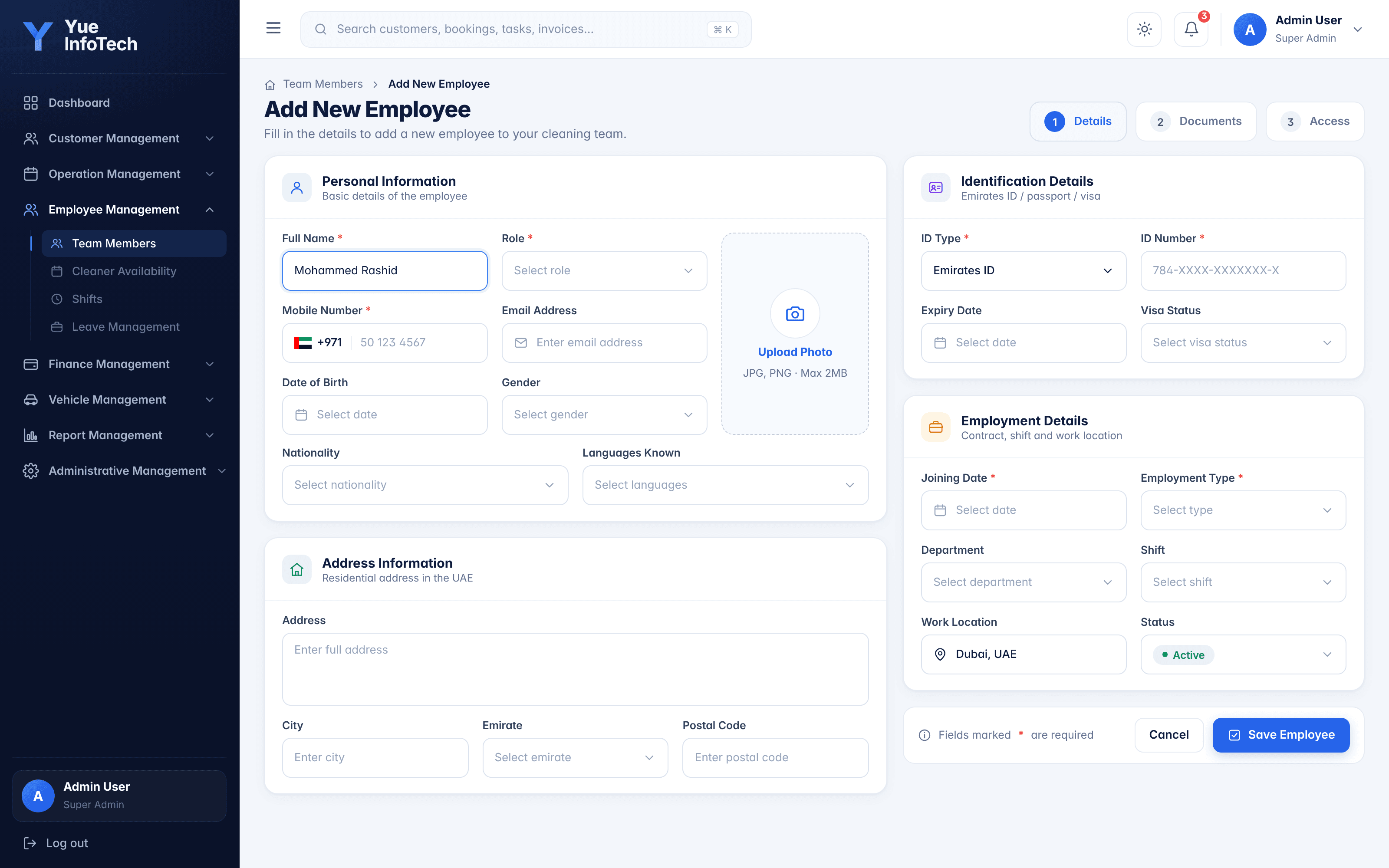 Yue Cleaning CRM add new employee form showing personal information, ID details and employment configuration