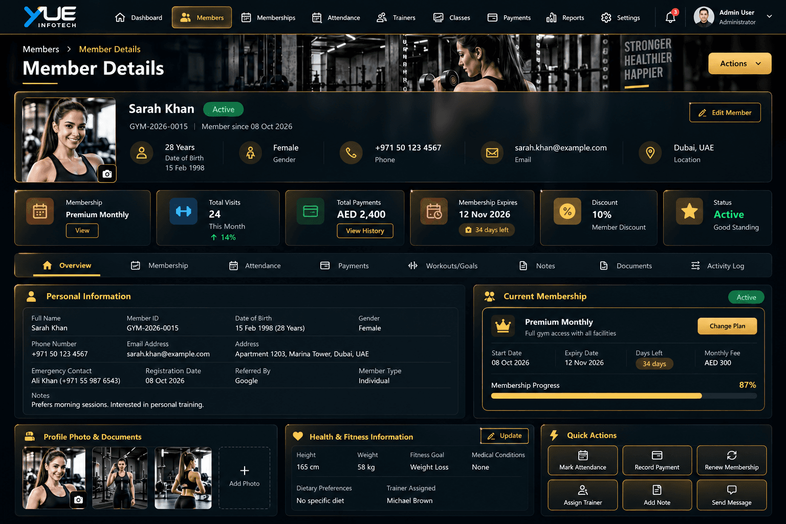 Yue Gym CRM member management interface
